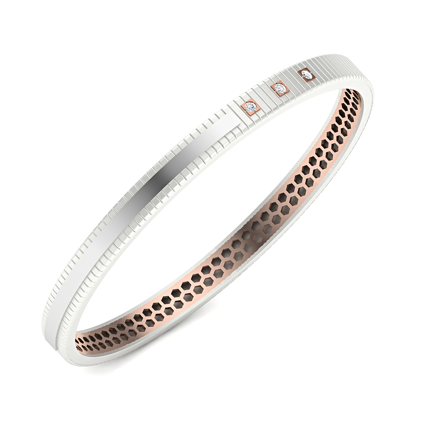 Slim Dual-Tone Diamond Line Bangle with Honeycomb Inner Detailing
