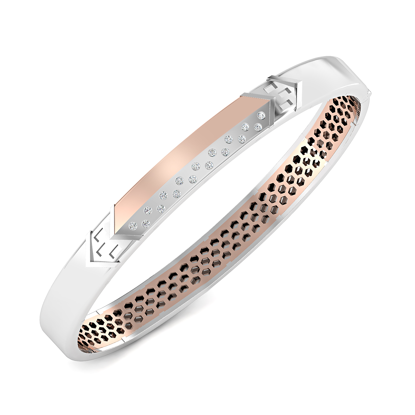 Dual-Tone Geometric Diamond Bangle – Rose Gold &amp; White Polished Modern Bracelet