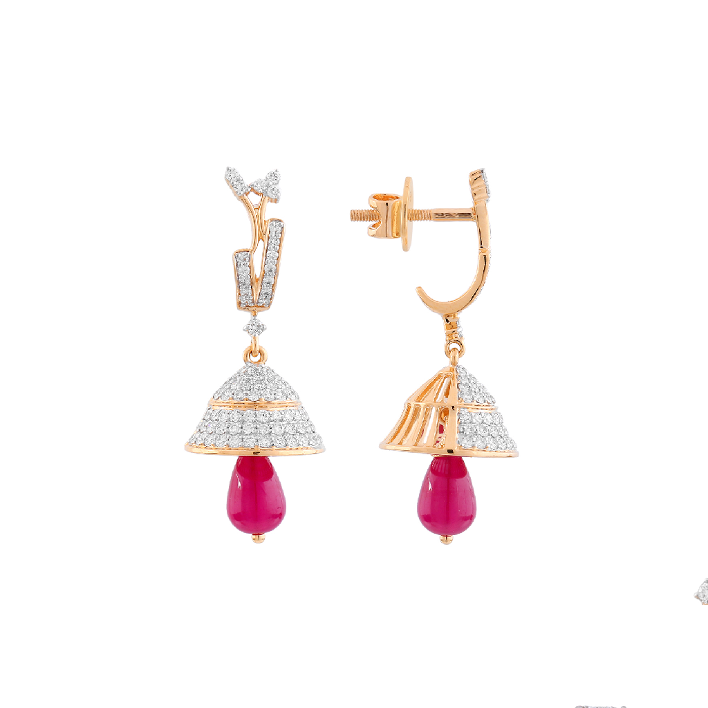 Rose Gold Diamond Jhumka Earrings with Ruby Drop Accent