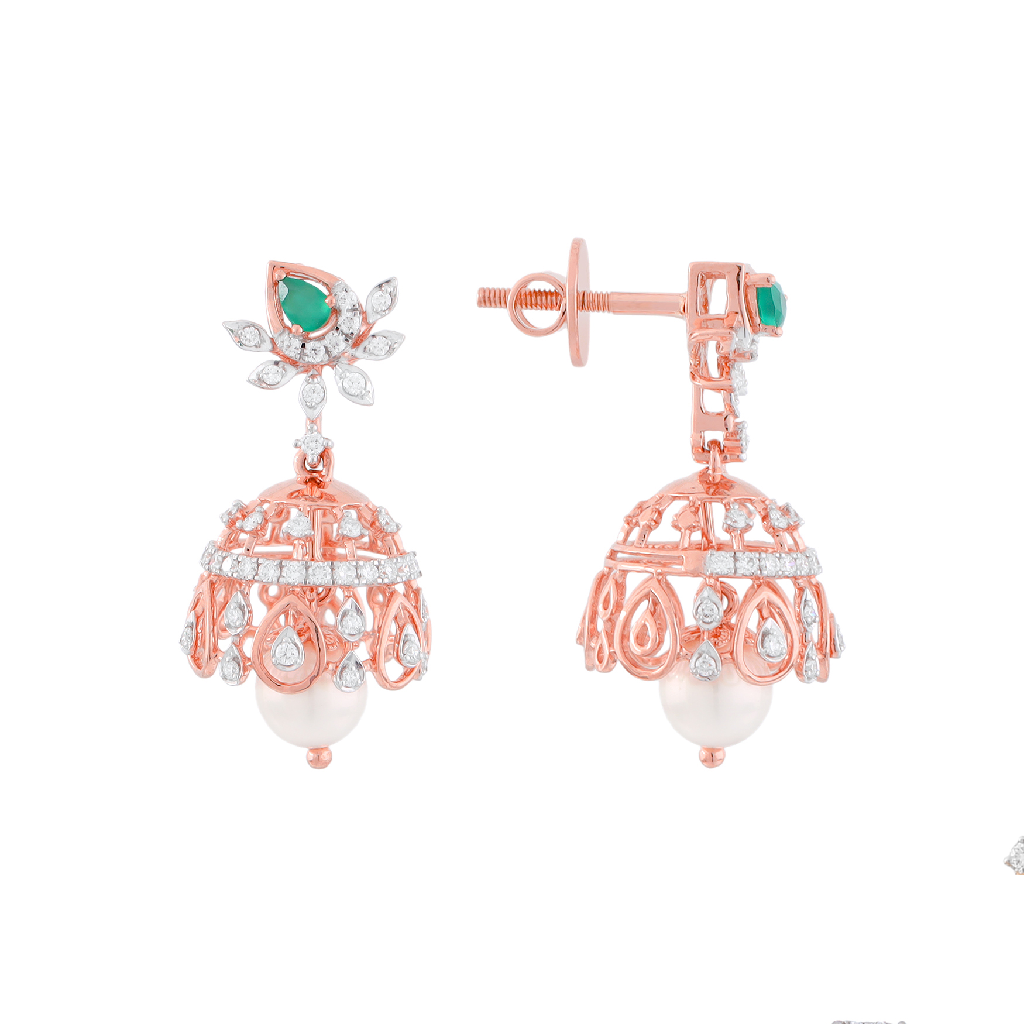 Emerald &amp; Diamond Pearl Drop Jhumka Earrings in Rose Gold