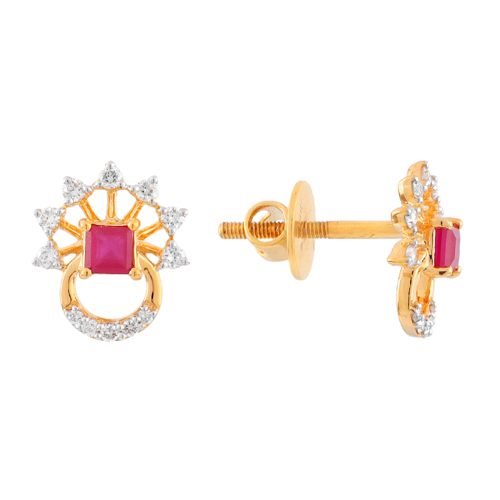 Ruby &amp; Diamond Floral Stud Earrings in Yellow Gold