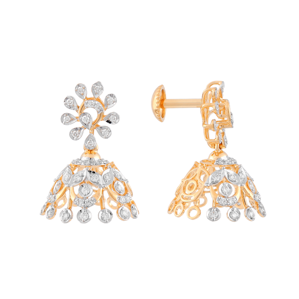 Floral Cascade Diamond Jhumka Gold Screw-Back Earrings