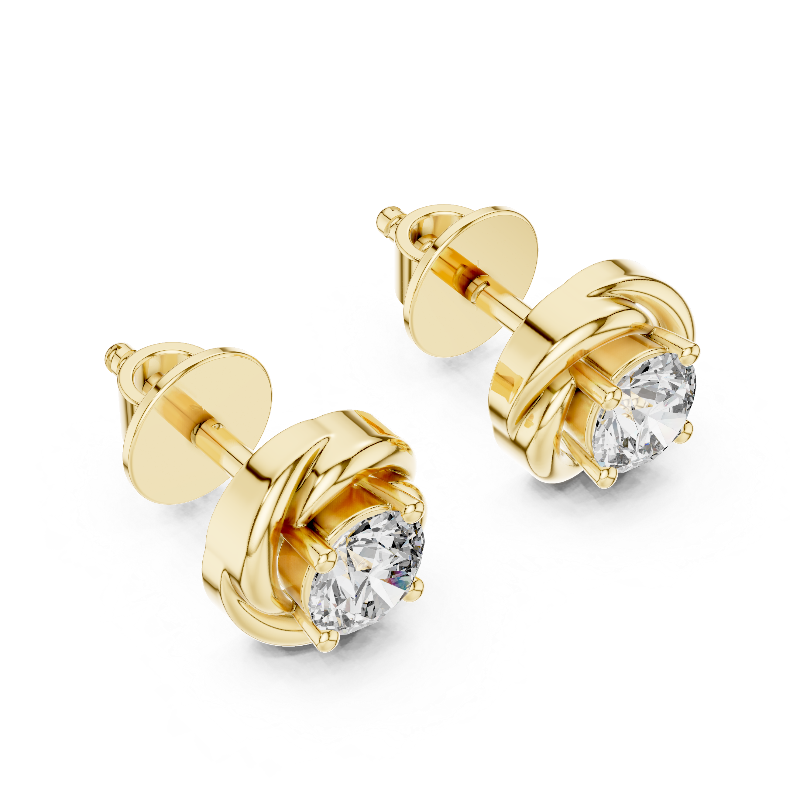 Contemporary Swirl-Set Solitaire Diamond Gold Screw-Back Stud Earrings