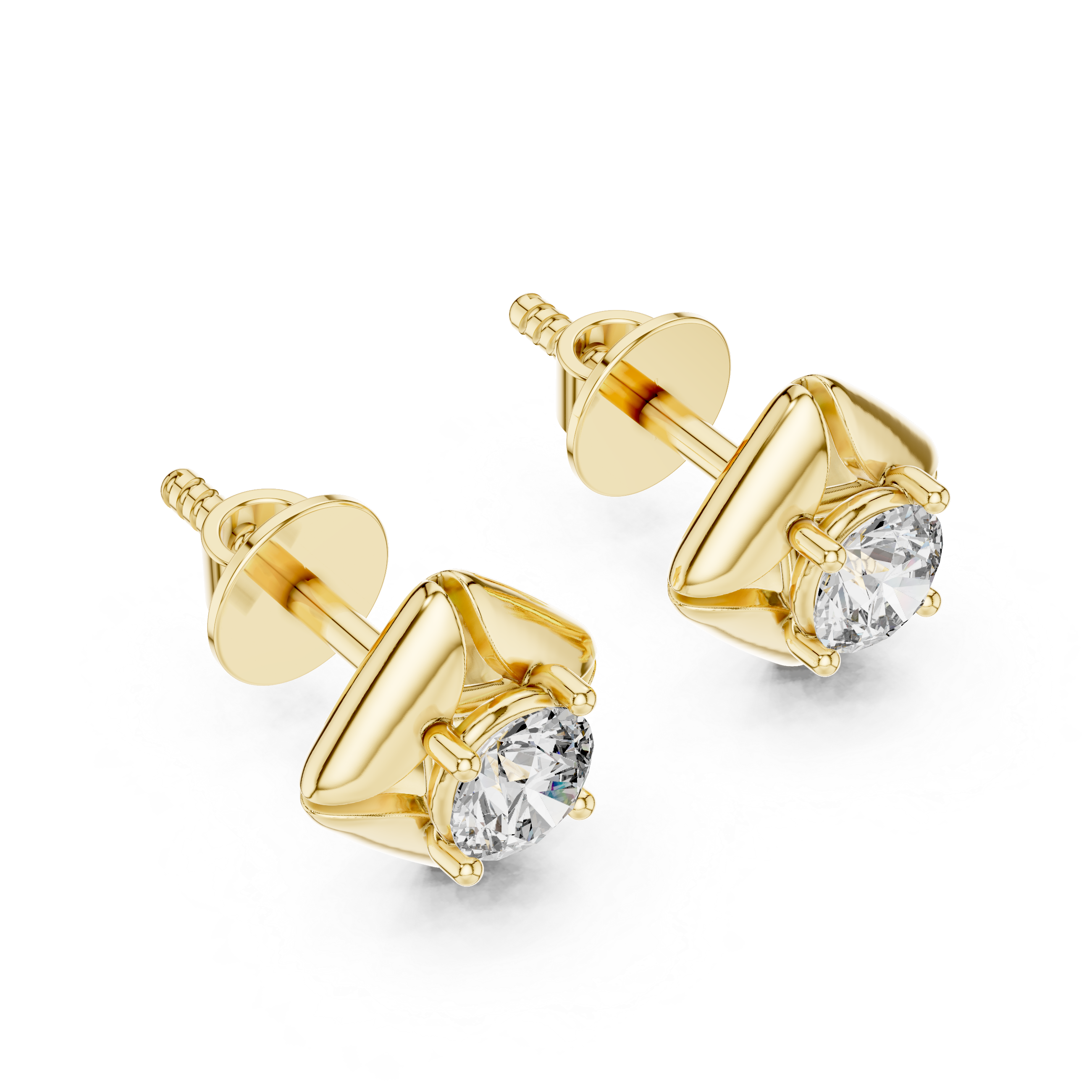 Modern Sculpted Solitaire Diamond Gold Screw-Back Stud Earrings