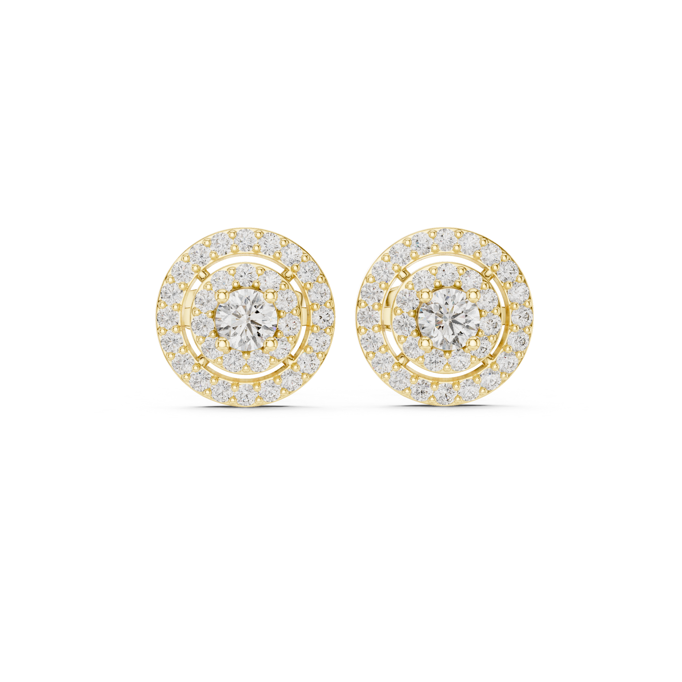 Classic Double Halo Round Diamond Stud Earrings in Yellow Gold