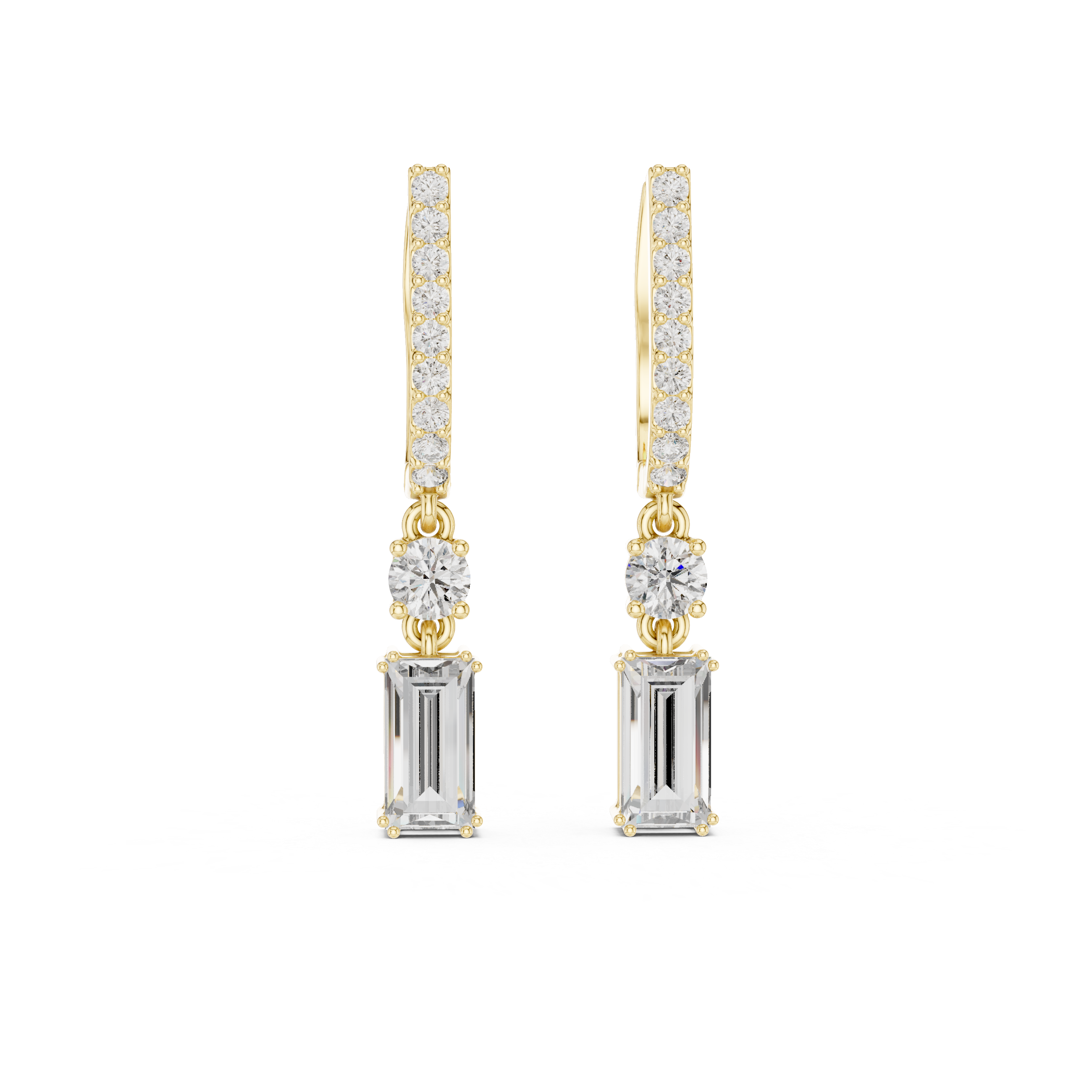 Emerald-Cut Diamond Linear Drop Earrings in Yellow Gold