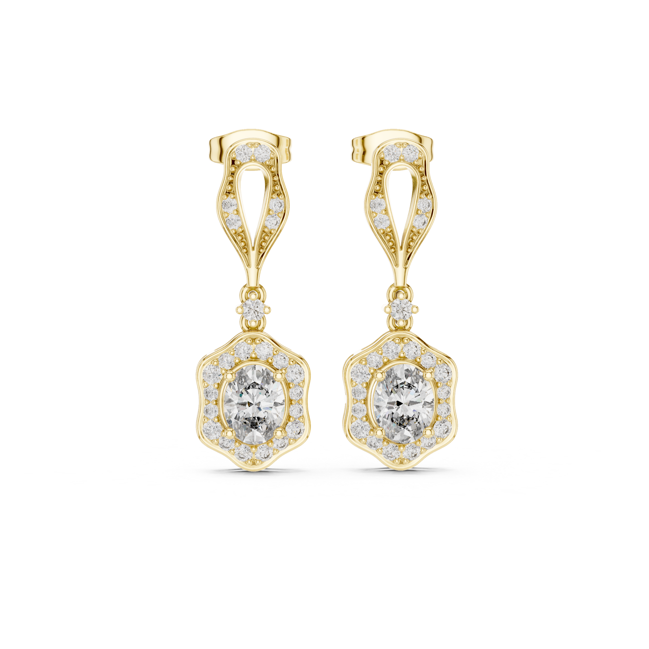 Floral Halo Diamond Drop Earrings in Yellow Gold