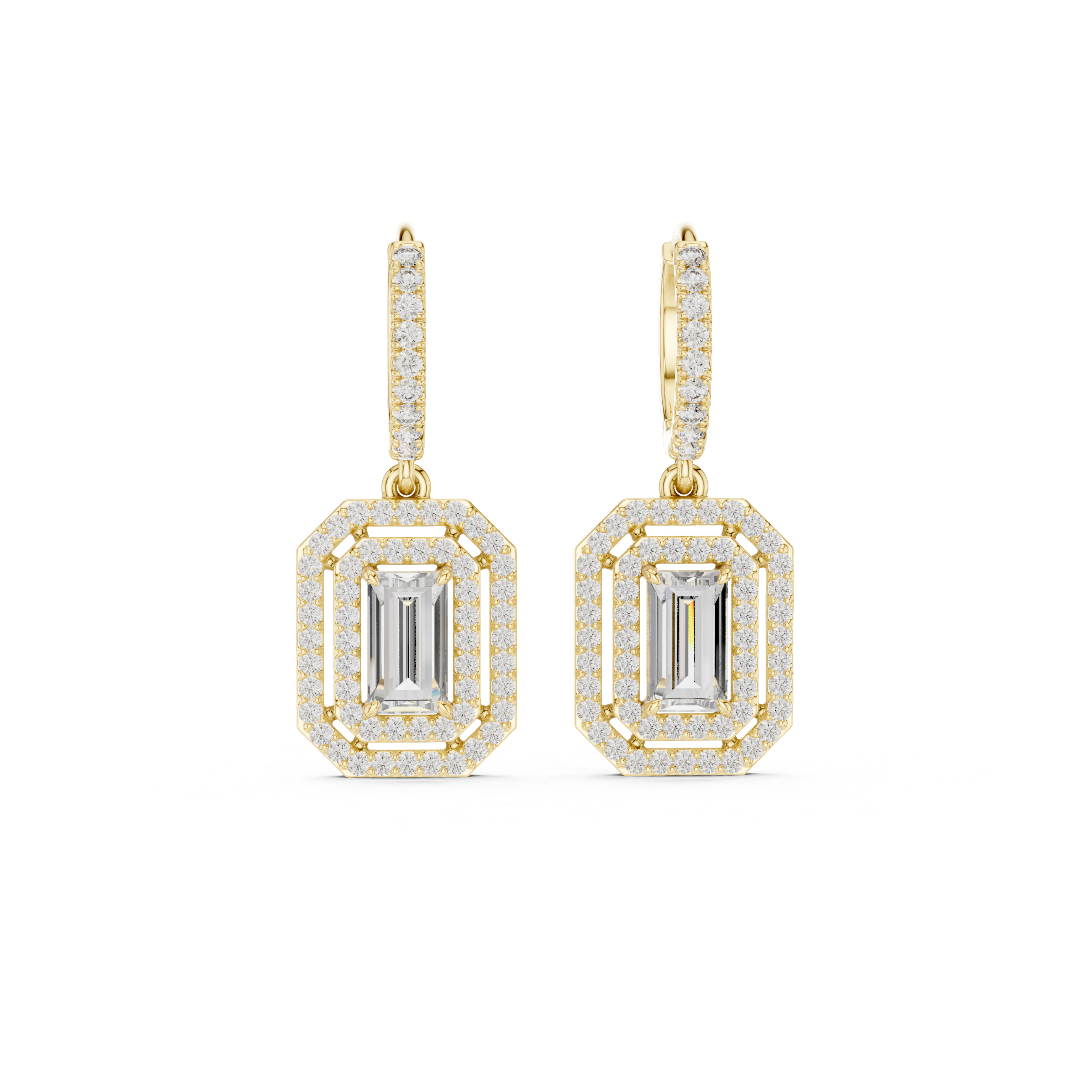 Emerald-Cut Halo Diamond Drop Earrings in Yellow Gold