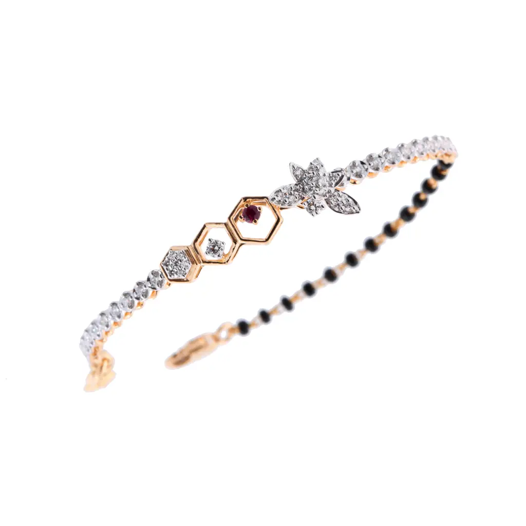 Rose Gold Diamond Floral Mangalsutra Bracelet with Ruby Accent