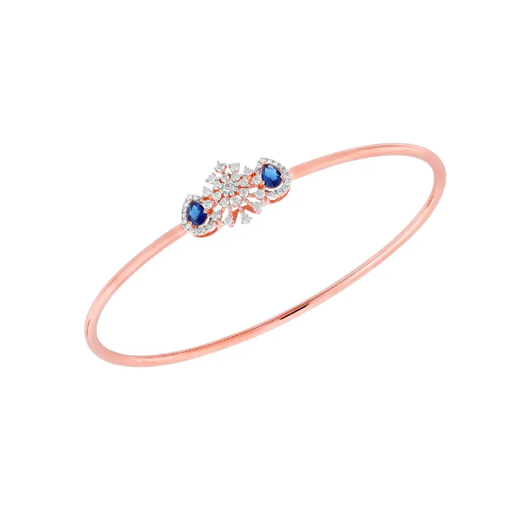 Rose Gold Diamond &amp; Blue Stone Floral Open Cuff Bracelet