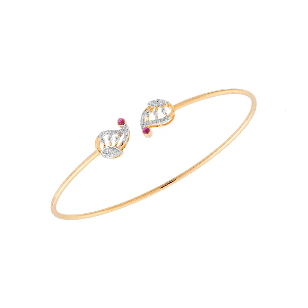 Yellow Gold Leaf Motif Diamond &amp; Ruby Bangle