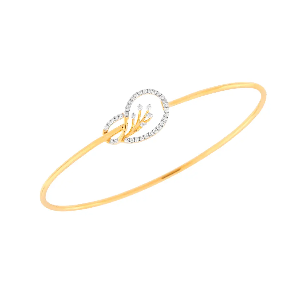 Graceful Diamond Leaf Oval Open Bangle in Yellow Gold