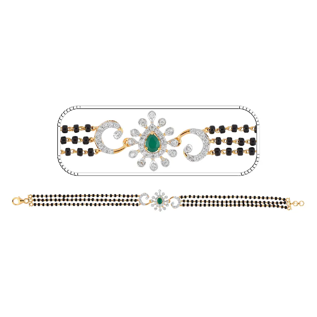 Emerald Accent Diamond Mangalsutra Bracelet with Triple Black Beads