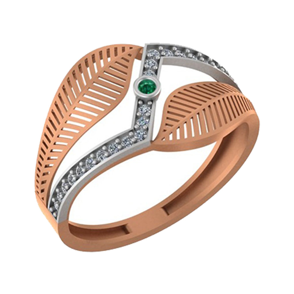 Leaf Motif Diamond Ring with Emerald Accent in Rose Gold