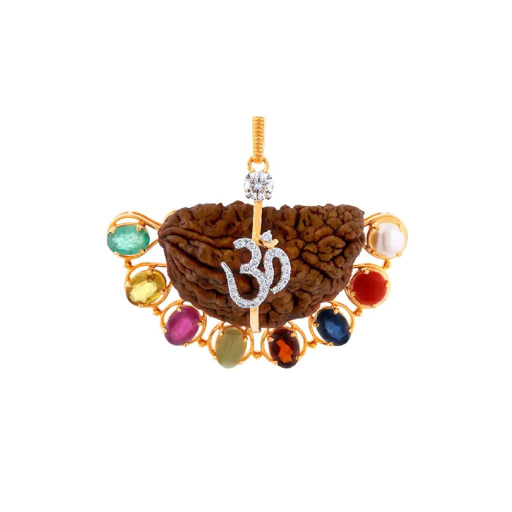 Sacred Navratna Rudraksha Om Gold Diamond Pendant