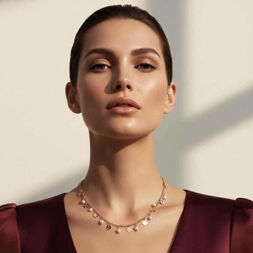 Elegant Gold Charm Necklace with Pearls &amp;amp;amp; Geometric Pendants