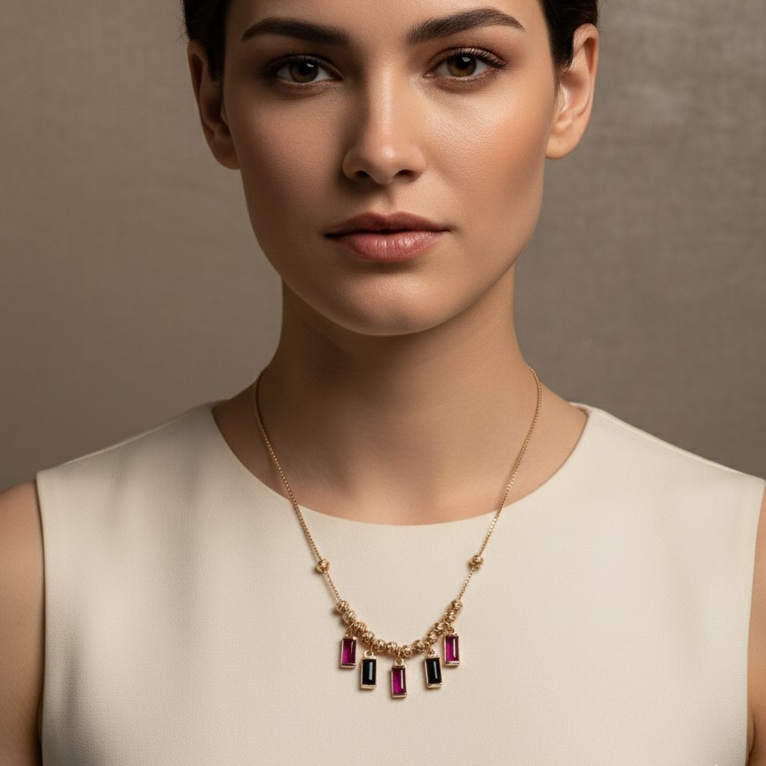 Trio Baguette Charm Necklace with Ruby &amp;amp; Black Enamel Accents